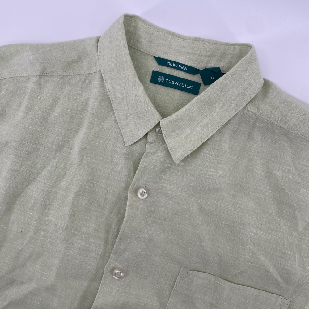 Cubavera Button Down Shirt Mens Large Green 100% Linen Short Sleeve Casual Top